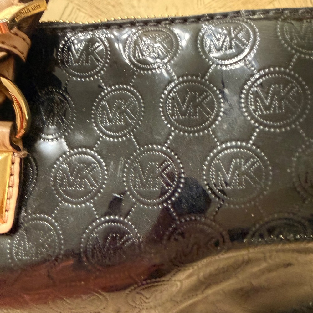 Michael Kors Grayson Black Patent Leather Monogram Satchel Handbag Gold Hardware - Picture 8 of 16